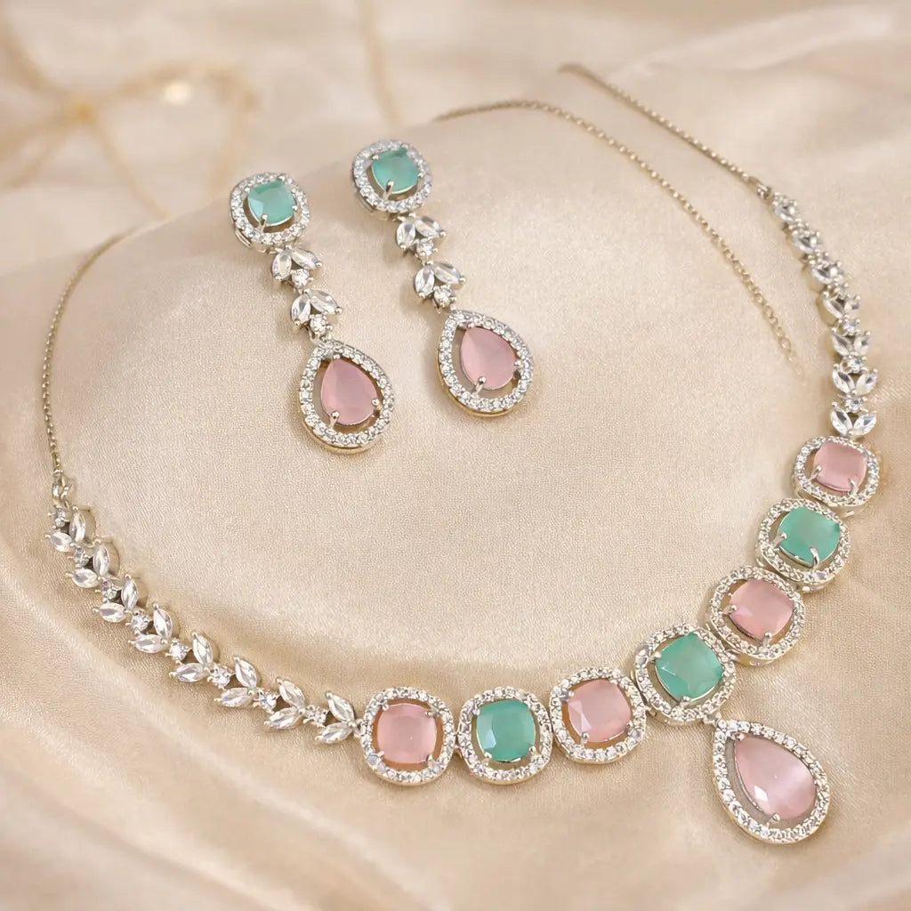 Dual Tone Pink & Mint Stone Necklace Set with Drop Earrings | Luxury Imitation Jewellery for Women | ImiStyleJewellery - Imistyle Jewellery
