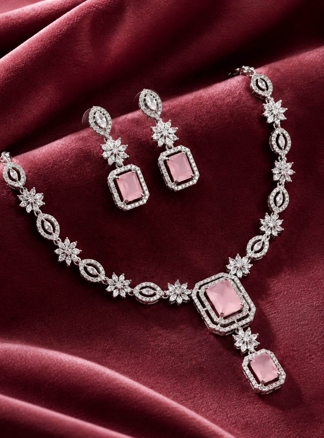 Elegant Pink Stone Floral Necklace Set for Women | Crystal Drop Pendant Earrings Set Imitation Jewellery | ImiStyleJewellery - Imistyle Jewellery