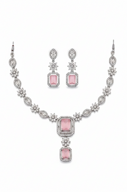 Elegant Pink Stone Floral Necklace Set for Women | Crystal Drop Pendant Earrings Set Imitation Jewellery | ImiStyleJewellery