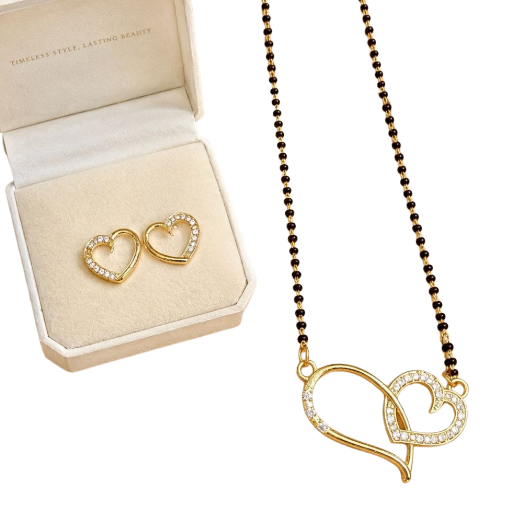 Gold heart-shaped necklace and earrings on a white background with an open jewelry box.
