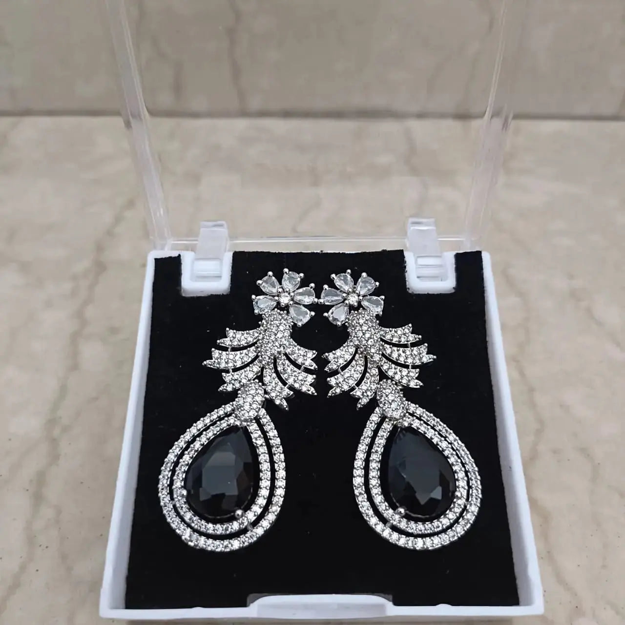 Luxury AD Diamond Black Stone Drop Earrings – Bridal Party Wear Jewellery - Imistyle Jewellery