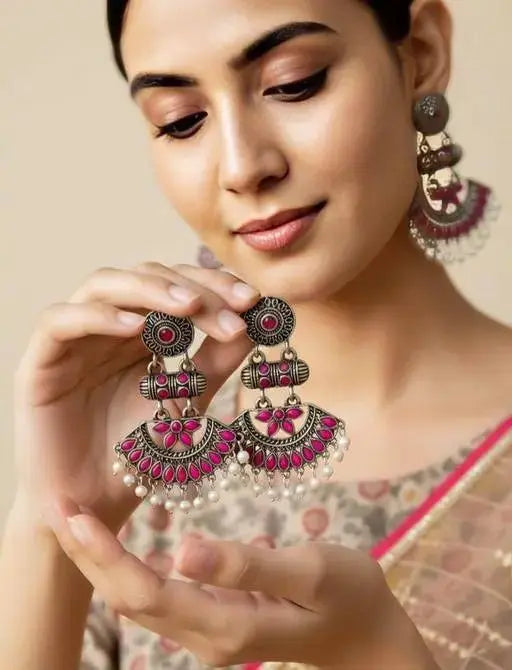 Traditional Pink Stone Oxidised Jhumka Earrings | Antique Silver Finish Ethnic Jewellery for Women | ImiStyleJewellery - Imistyle Jewellery