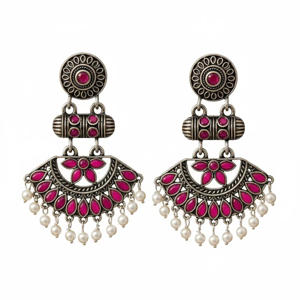 Traditional Pink Stone Oxidised Jhumka Earrings | Antique Silver Finish Ethnic Jewellery for Women | ImiStyleJewellery - Imistyle Jewellery