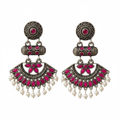 Traditional Pink Stone Oxidised Jhumka Earrings | Antique Silver Finish Ethnic Jewellery for Women | ImiStyleJewellery - Imistyle Jewellery