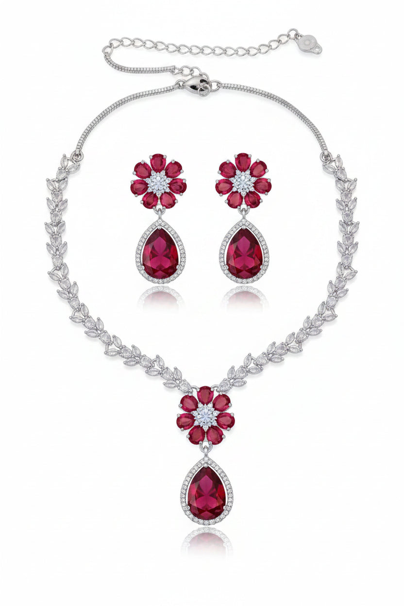 Luxury Red Teardrop Floral Necklace Set for Women | Crystal Leaf Chain Earrings Imitation Jewellery | ImiStyleJewellery - Imistyle Jewellery