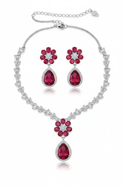 Luxury Red Teardrop Floral Necklace Set for Women | Crystal Leaf Chain Earrings Imitation Jewellery | ImiStyleJewellery - Imistyle Jewellery