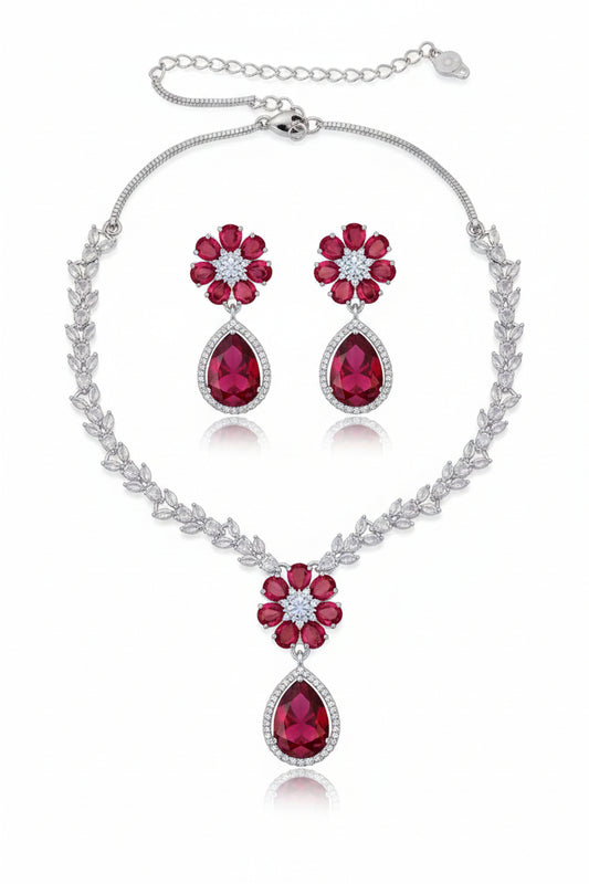 Luxury Red Teardrop Floral Necklace Set for Women | Crystal Leaf Chain Earrings Imitation Jewellery | ImiStyleJewellery - Imistyle Jewellery