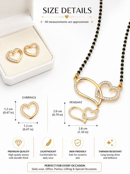 Gold heart-shaped earrings and necklace with size details on a white background