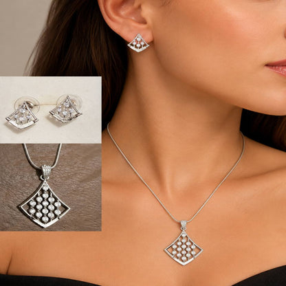 Model showcasing silver pendant and earrings set