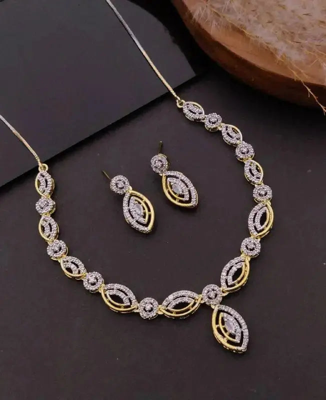 Gold CZ Designer Necklace Set for Women | Leaf Pattern Pendant & Earrings Set | ImiStyleJewellery - Imistyle Jewellery