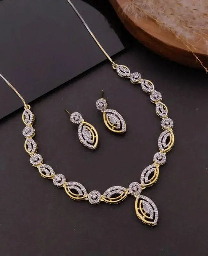 Gold CZ Designer Necklace Set for Women | Leaf Pattern Pendant & Earrings Set | ImiStyleJewellery - Imistyle Jewellery