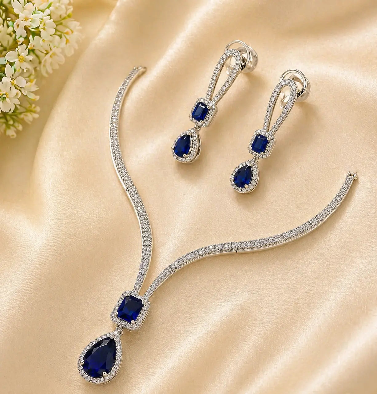 Royal Blue Stone Necklace Set for Women | CZ Diamond Pendant & Earrings Set | ImiStyleJewellery - Imistyle Jewellery