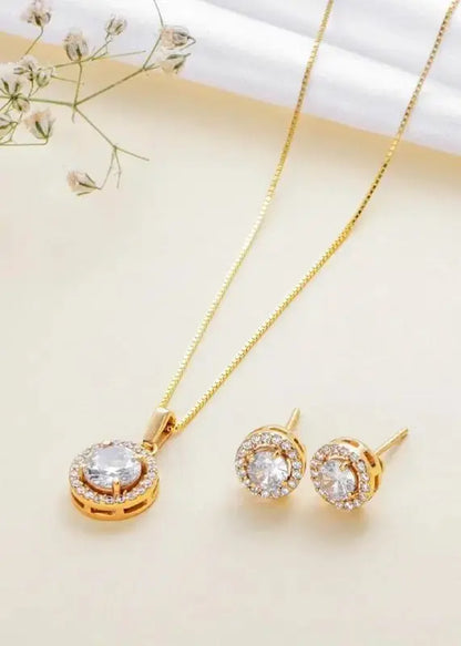 Gold Round Pendant Necklace Set with Stud Earrings | Minimal CZ Diamond Jewellery for Women - Imistyle Jewellery