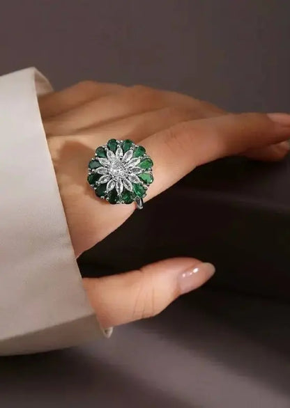 Emerald Green Floral Statement Ring for Women | CZ Diamond Adjustable Cocktail Ring | ImiStyleJewellery - Imistyle Jewellery
