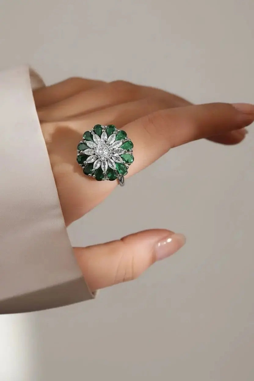 Emerald Green Floral Statement Ring for Women | CZ Diamond Adjustable Cocktail Ring | ImiStyleJewellery - Imistyle Jewellery