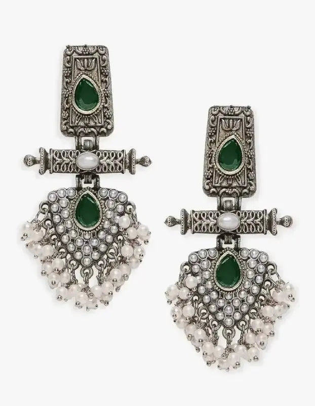 Traditional Green Stone Oxidised Jhumka Earrings for Women | Pearl Drop Ethnic Imitation Jewellery | ImiStyleJewellery - Imistyle Jewellery
