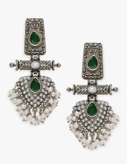 Traditional Green Stone Oxidised Jhumka Earrings for Women | Pearl Drop Ethnic Imitation Jewellery | ImiStyleJewellery - Imistyle Jewellery