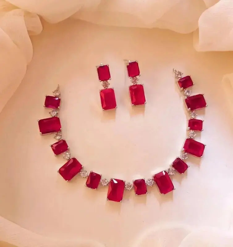 Elegant Pink Rectangle Stone Necklace Set for Women | Crystal Linked Pendant Earrings Set Imitation Jewellery | ImiStyleJewellery - Imistyle Jewellery
