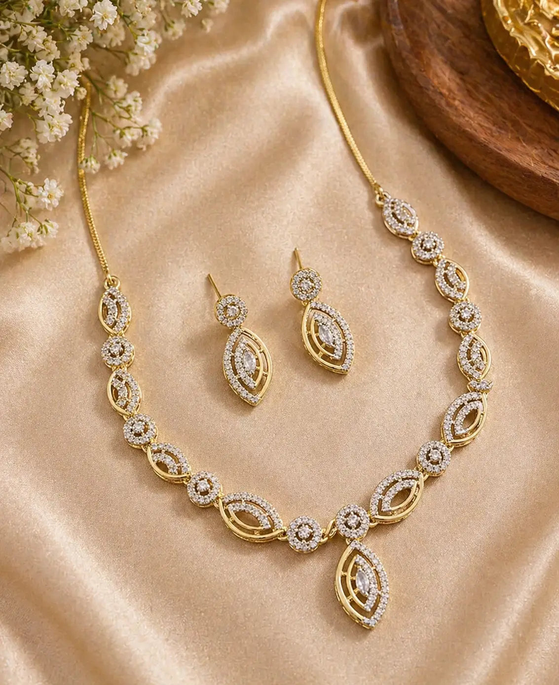 Gold CZ Designer Necklace Set for Women | Leaf Pattern Pendant & Earrings Set | ImiStyleJewellery - Imistyle Jewellery