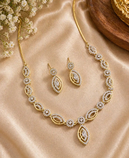 Gold CZ Designer Necklace Set for Women | Leaf Pattern Pendant & Earrings Set | ImiStyleJewellery - Imistyle Jewellery