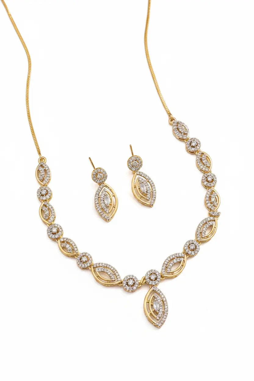 Gold CZ Designer Necklace Set for Women | Leaf Pattern Pendant & Earrings Set | ImiStyleJewellery - Imistyle Jewellery