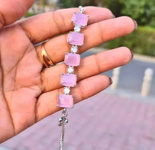 Square Crystal Adjustable Bracelet for Women | Trendy Imitation Jewellery Bracelet with Green & Pink Stones – ImistyleJewellery - Imistyle Jewellery