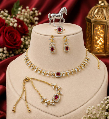 Royal crystal jewelry set with necklace, earrings, ring and bracelet for women, perfect for bridal and party wear.