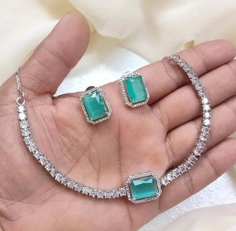 Pink Crystal Minimal Necklace Set for Women | Elegant Square Pendant Jewellery Set Imitation Jewellery | ImiStyleJewellery - Imistyle Jewellery