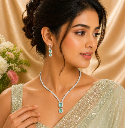 Mint Green Stone Necklace Set for Women | CZ Diamond Pendant & Earrings Set | ImiStyleJewellery - Imistyle Jewellery