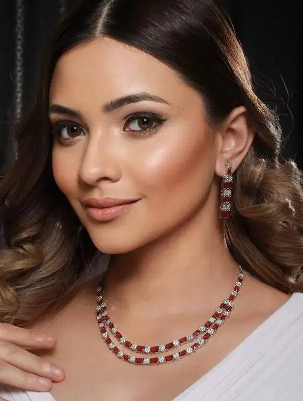 Ruby Red Crystal Necklace Set for Women | Double Layer Party Wear Jewellery Set Imitation Jewellery | ImiStyleJewellery - Imistyle Jewellery