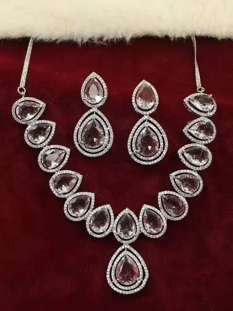 Pink Teardrop Stone Necklace Set with Earrings | Luxury CZ Diamond Jewellery Set for Women - Imistyle Jewellery