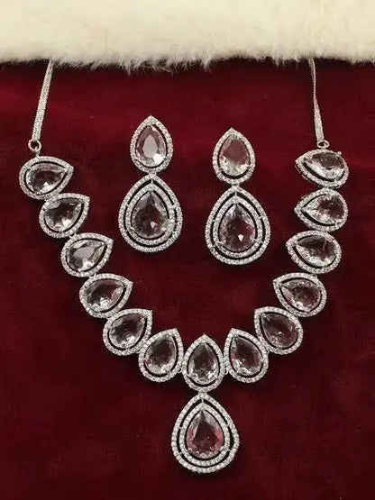 Pink Teardrop Stone Necklace Set with Earrings | Luxury CZ Diamond Jewellery Set for Women - Imistyle Jewellery