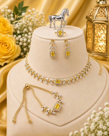 Royal crystal jewelry set with necklace, earrings, ring and bracelet for women, perfect for bridal and party wear.
