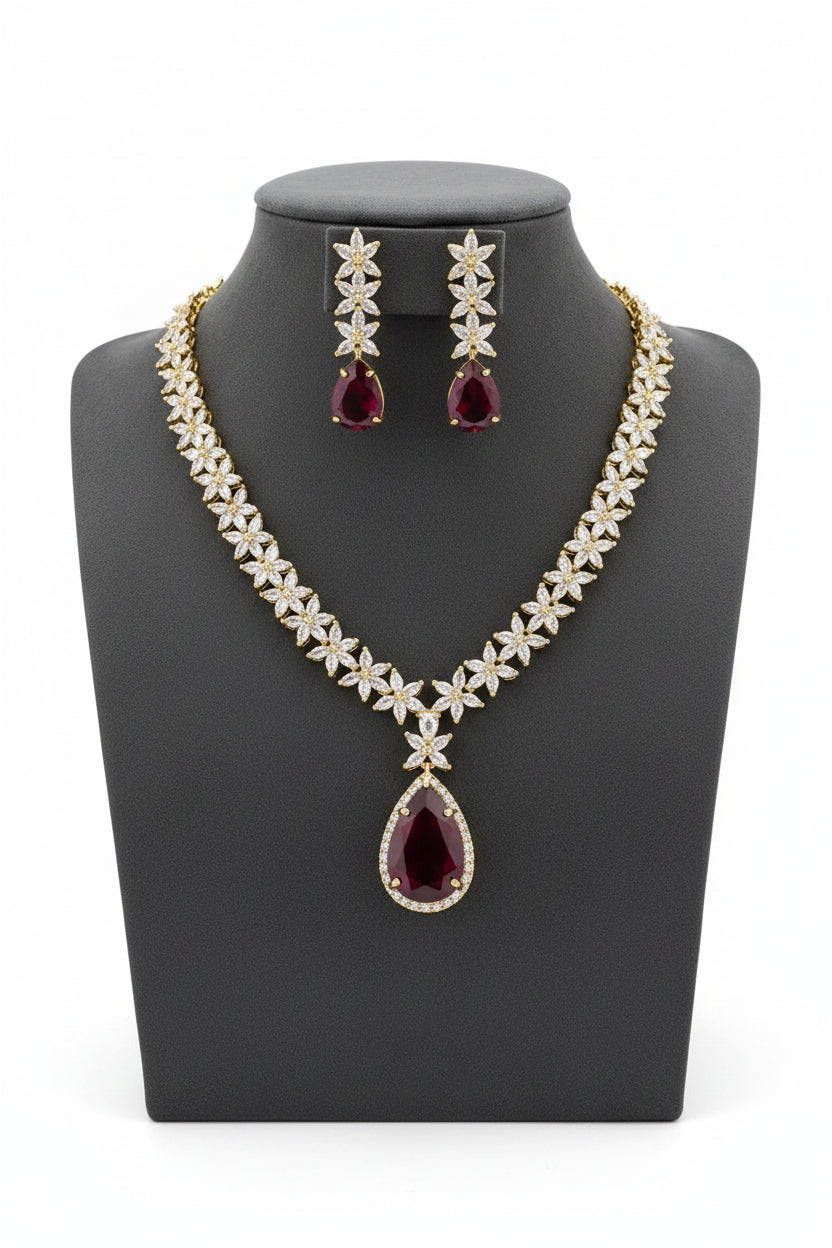 Crystal Floral Necklace Set for Women | Teardrop Pendant Party Wear Jewellery Set Imitation Jewellery | ImiStyleJewellery - Imistyle Jewellery