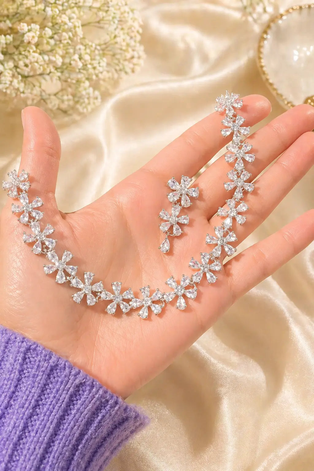 Floral Crystal Necklace Set for Women | Imitation Jewellery Diamond Look Necklace Set with Earrings - Imistyle Jewellery