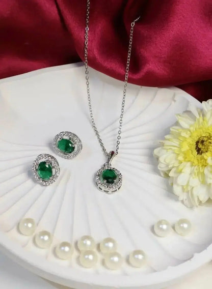Emerald Green Pendant Necklace Set with Earrings | Elegant American Diamond Minimal Jewellery for Women | ImiStyleJewellery - Imistyle Jewellery