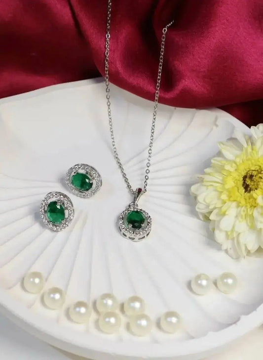Emerald Green Pendant Necklace Set with Earrings | Elegant American Diamond Minimal Jewellery for Women | ImiStyleJewellery - Imistyle Jewellery