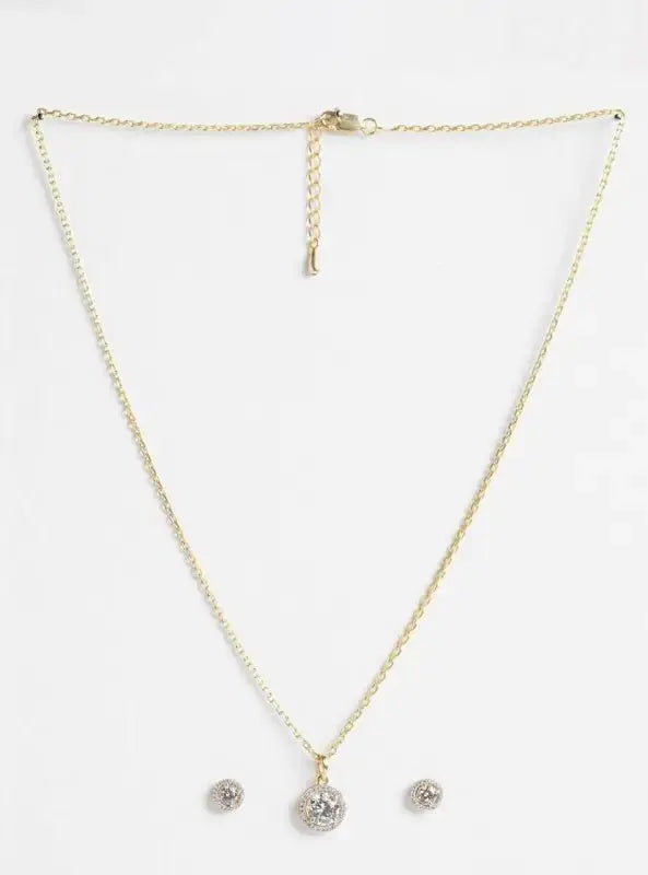 Gold Round Pendant Necklace Set with Stud Earrings | Minimal CZ Diamond Jewellery for Women - Imistyle Jewellery