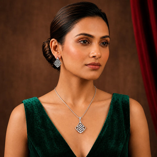 Silver Plated American Diamond Pendant Set for Women