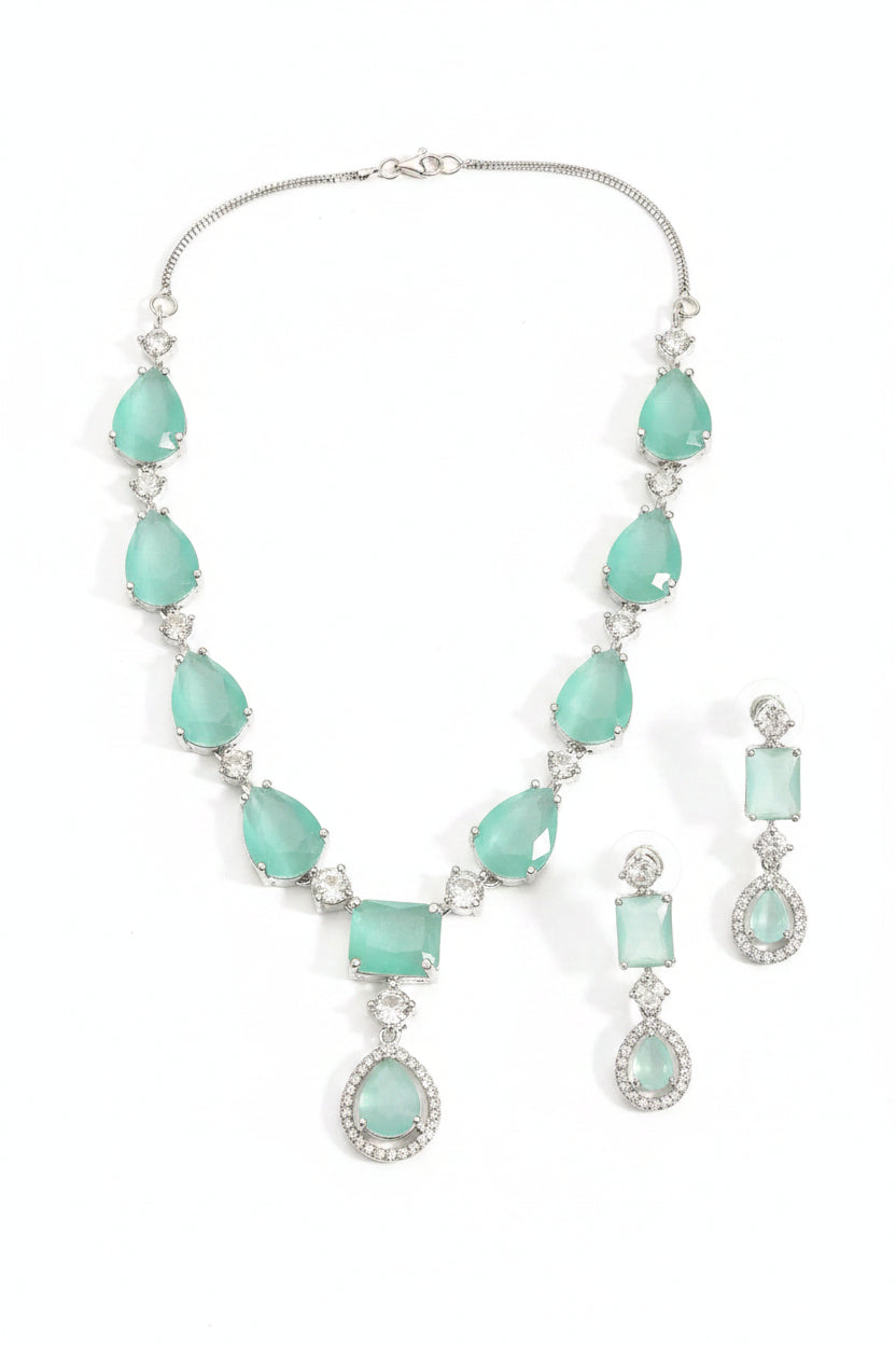 Elegant Mint Green Stone Necklace Set for Women | Crystal Drop Pendant Earrings Set Imitation Jewellery | ImiStyleJewellery - Imistyle Jewellery