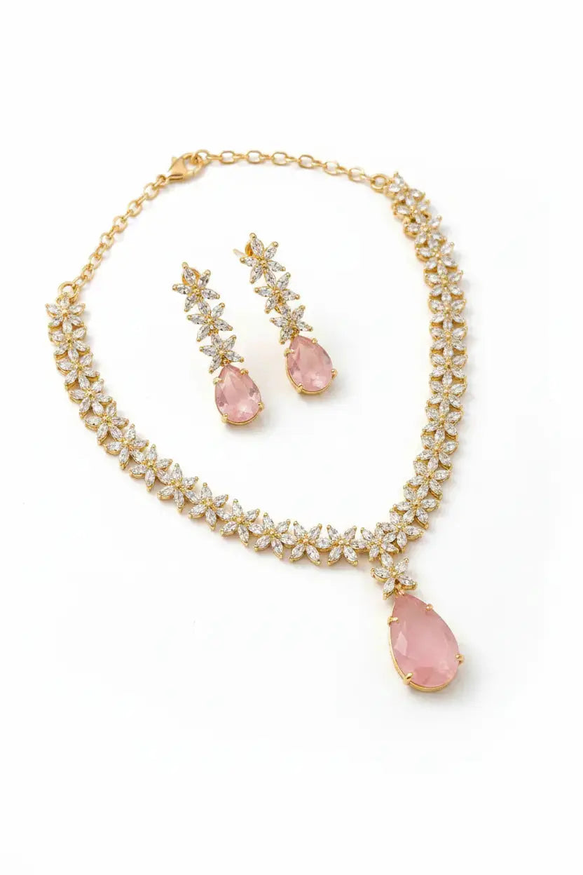 Crystal Floral Necklace Set for Women | Teardrop Pendant Party Wear Jewellery Set Imitation Jewellery | ImiStyleJewellery - Imistyle Jewellery