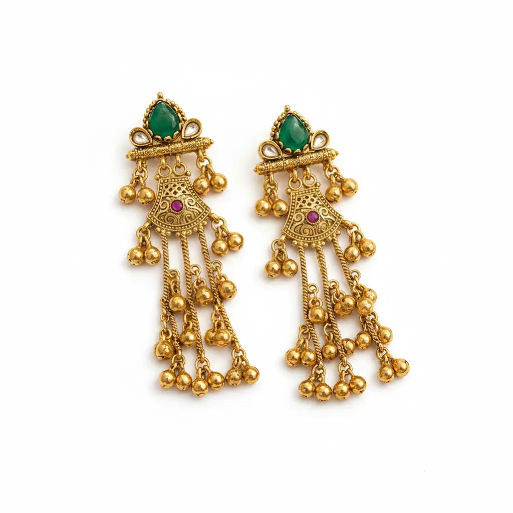 Royal Green Stone Chandbali Tassel Earrings – Premium Imitation Gold Jewellery - Imistyle Jewellery