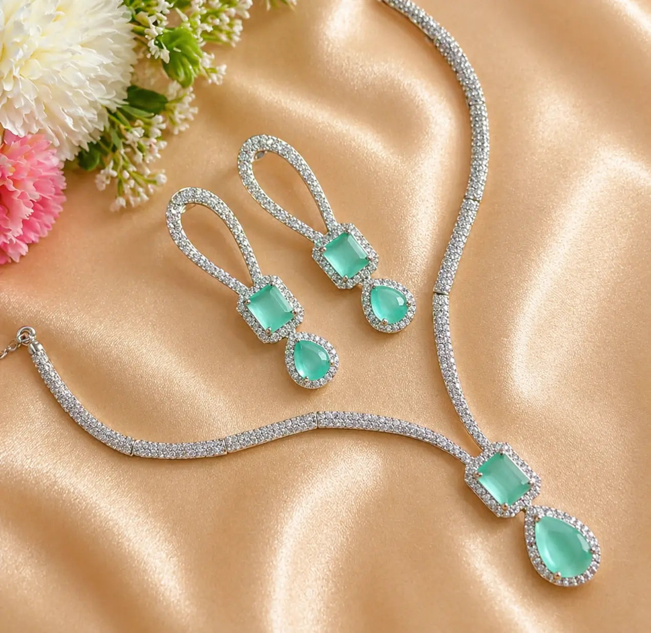 Mint Green Stone Necklace Set for Women | CZ Diamond Pendant & Earrings Set | ImiStyleJewellery - Imistyle Jewellery