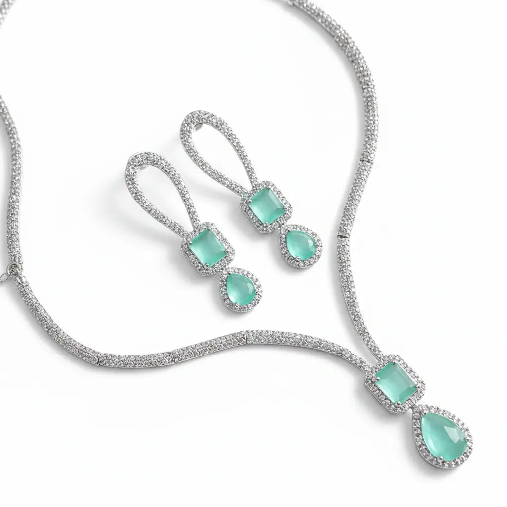 Mint Green Stone Necklace Set for Women | CZ Diamond Pendant & Earrings Set | ImiStyleJewellery - Imistyle Jewellery
