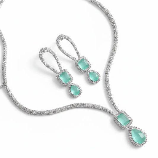Mint Green Stone Necklace Set for Women | CZ Diamond Pendant & Earrings Set | ImiStyleJewellery - Imistyle Jewellery