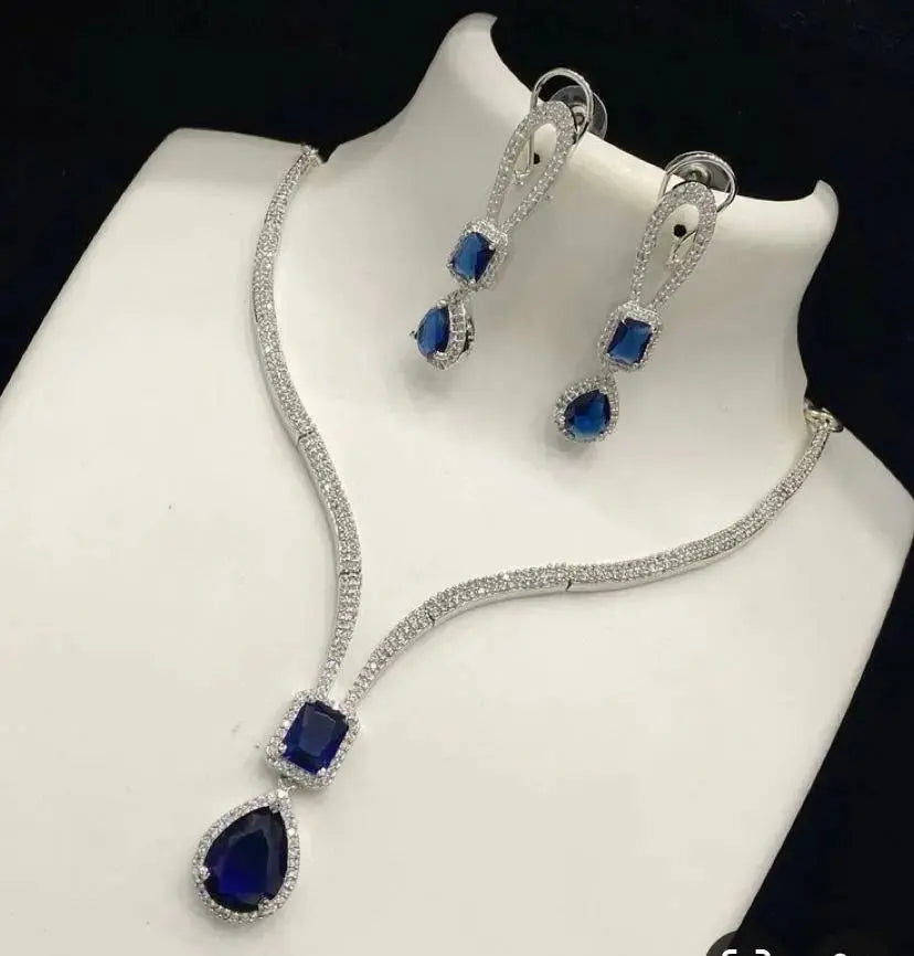 Royal Blue Stone Necklace Set for Women | CZ Diamond Pendant & Earrings Set | ImiStyleJewellery - Imistyle Jewellery
