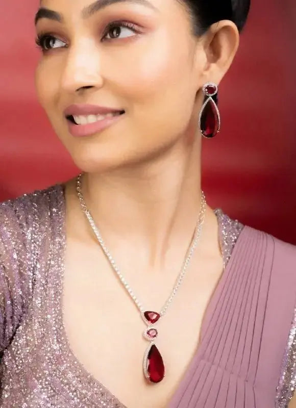 Ruby Red Teardrop Necklace Set with Earrings | Luxury Statement Imitation Jewellery for Women | ImiStyleJewellery - Imistyle Jewellery