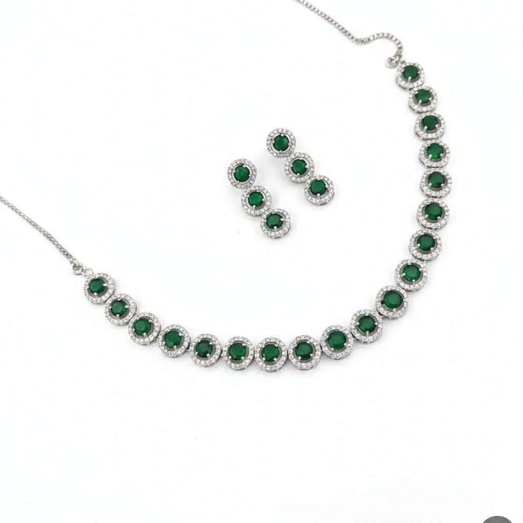 Elegant Mint Green Stone Necklace Set for Women | Crystal Halo Chain Earrings Imitation Jewellery | ImiStyleJewellery - Imistyle Jewellery
