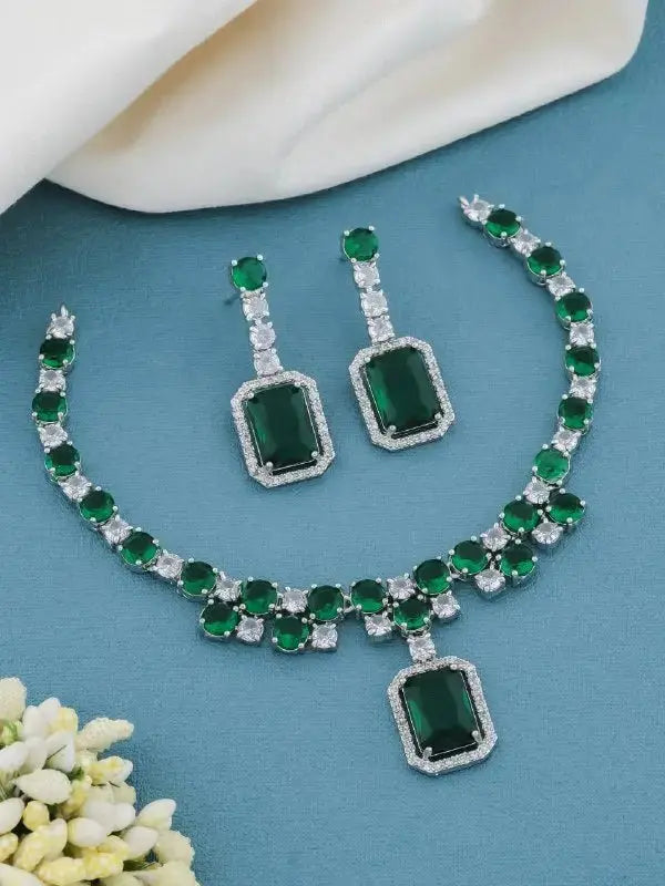 Luxury Rectangle Stone Necklace Set with Earrings | CZ Diamond Jewellery Set (Blue, Red, Pink, Green) - Imistyle Jewellery
