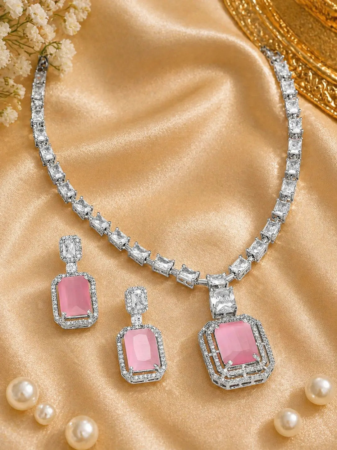 Elegant Pink Stone Necklace Set for Women | Crystal Square Pendant Earrings Set Imitation Jewellery | ImiStyleJewellery - Imistyle Jewellery